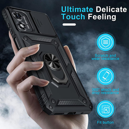 Janmitta for Motorola Moto G Play 2024 Case Built in Slide Camera Lens Cover+Screen Protector+Finger Ring Holder Kickstand,Heavy Duty Shockproof F...