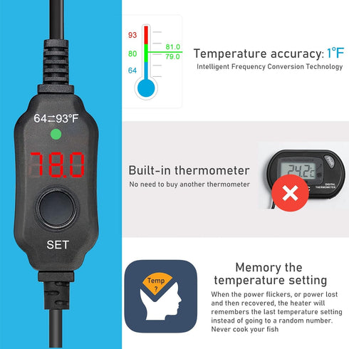 YukiHalu Small Submersible Aquarium Heater, Adjustable Mini Fish Tank Heater 25W 50W 100W 200W 300W with External Temperature Controller, LED Disp...