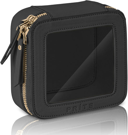 Mini Clear Makeup Bag for Purse Cute Small Travel Cosmetic Bag for Women Waterproof Toiletry Bag Leather Makeup Pouch with Gold Zipper(Black)...