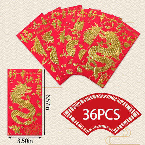 Hying 36 PCS Chinese Red Envelopes Chinese HongBao Card Envelopes 2024 Chinese New Year Lucky Money Pockets Lunar Year Dragon Red Envelopes for Ne...