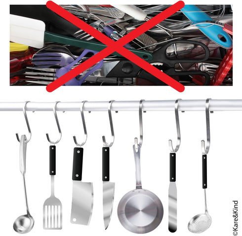 Flat S-Shaped Hanging Hooks - for Kitchen Utensils, Garage or Garden Tools, etc. - Heavy Duty Genuine Solid 304 Stainless Steel - Multi Purpose - ...
