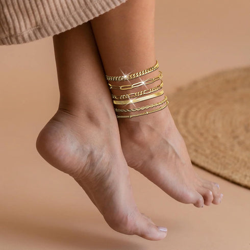 Gold Ankle Bracelets for Women Waterproof 14K Gold Plated Anklets Layered Cuban Link Chain Herringbone Cute Anklets Set Pack Dainty Summer Beach J...