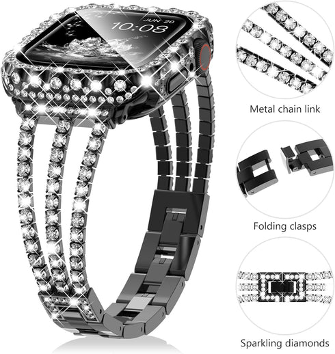 Surace Compatible with Apple Watch Bands 45mm for Women Series 9 8 7, Bling Diamond Rhinestone Link Bracelet with 2 in 1 Waterproof Bling Case Lac...