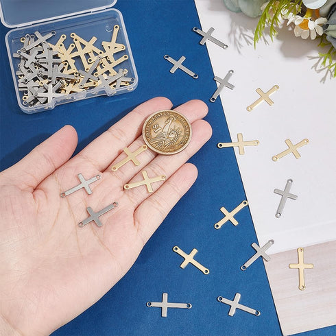 UNICRAFTALE about 60Pcs 2 Colors Stainless Steel Cross Connector Charms Links Easter Theme Crucifix Cross Charms Double Hole Sideways Cross Links ...