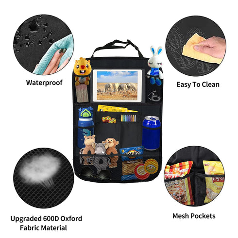 Ecurfu Backseat Car Organizer with 10 Compartments, 10 Inch Tablet Holder, Waterproof Storage Bag for Kids Cars - 600D Oxford Fabric, Black (1PC)...