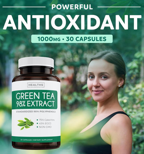 Green Tea Extract Capsules 98% with EGCG (Non-GMO) for Natural Metabolism Boost - Leaf Polyphenol Catechins - Antioxidant Supplement - Green Tea P...