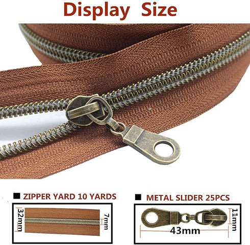 MebuZip #5 Antique Brass Metallic Nylon Coil Zippers by The Yard Bulk Coil Zipper Roll 10 Yards with 25pcs Pulls for DIY Sewing Craft Bags (Brown)...