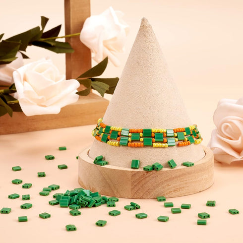 200Pcs Green Glass Seed Beads Tila Beads 2 Hole Flat Square Shaped Beads Loose Spacer Beads Waist Beads Kit for Crafts DIY Beading Summer Boho Jew...