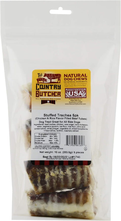 Filled Beef Trachea Dog Treats, Glucosamine and Chondroitin for Joint Health, Natural, Tough, Stuffed Chew Toy, Made in The USA, Chicken N Rice, 5...