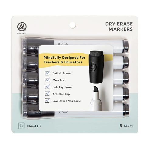 U Brands Low Odor Dry Erase Markers with Erasers, Chisel Tip, Black, 5 Count...