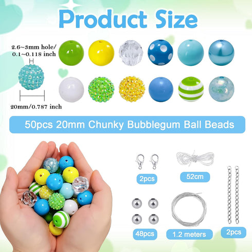 50Pcs Chunky Bubblegum Beads 20mm Christmas Gumball Rhinestone Beads Large Pearl Beads with 48pcs Tiny Round Spacers, Extender Chains, Beading Wir...