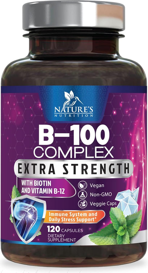 B Complex Vitamins with Vitamin B1 B2 B3 B6 B12 B100 C & Folic Acid - Supplement for Energy, Brain, & Immune Support - Super B Vitamin Complex for...