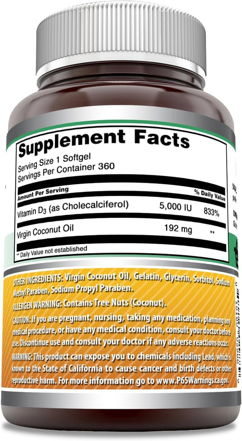 Amazing Formulas Vitamin D3 in Coconut Oil Supplement | 5000 IU | 360 Softgels | Non-GMO | Gluten-Free | Made in USA...
