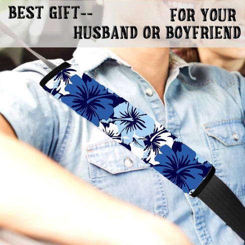 Blue Hawaiian Flowers Car Seat Belt Pillows for Adults, Florals Universal Carseat Covers Strap Pad Head Neck Support for Women Girls Ladies Backpa...