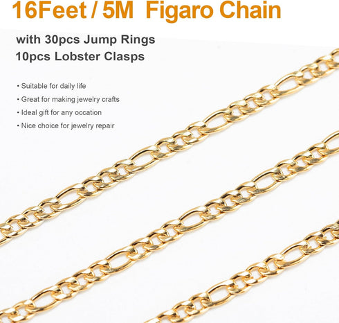 Kyutong Gold Necklace Chain for Jewelry Making 16.4 Feet Stainless Steel Jewelry Chain Bulk 3MM Wide Figaro Chains with Lobster Clasps Jump Rings ...