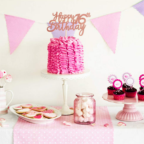Unimall Rose Gold Glitter 16th Happy Birthday Cake Topper Boys Girls Food Picks for Celebrating Sixteen Years Old Birthday Anniversary Party Decor...