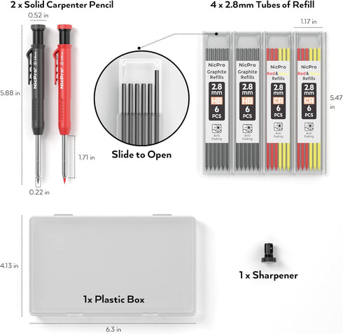 Nicpro Carpenter Pencil with Sharpener, Mechanical Pencils Set with 26 Refills, Deep Hole Marker for Construction, Heavy Duty Woodworking Pencils ...