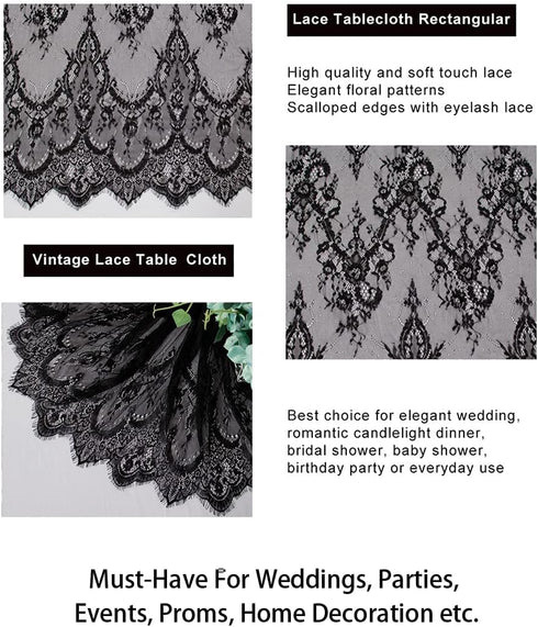 ShinyBeauty Lace Tablecloth Rectangle 60''x120'' Black Lace Party Tablecloth Rustic Floral Lace Table Cloth Vintage Lace Overlays Tea Party Tablec...