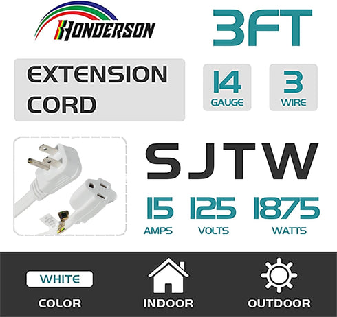 HONDERONS 3FT White Extension Cord with Flat Plug, 14/3 SPT-3 Extension Cable 3 Prong Grounded, Durable Power Cable for Home, Office...