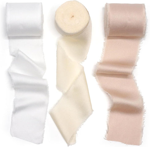CT CRAFT LLC Frayed Satin Silk Ribbon 2" x 8 Yards x 3 Rolls White Ivory Beige for Christmas Home Decor Gift Wrapping DIY Crafts Wedding Invitatio...