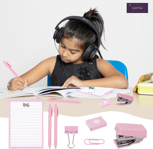 6pcs Pink Office Supplies Set, Pink Desk Accessories, Stapler Binding Set for Women with Paper Clip, Neutral Pen, Long Tail Clip, Horizontal Noteb...