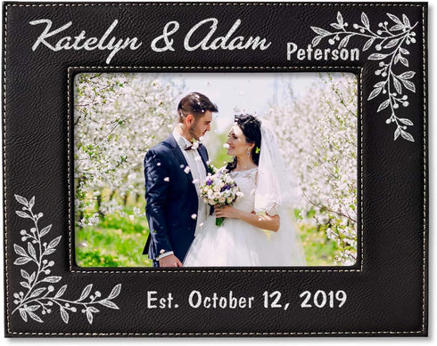 Personalized Newlywed Couples 7x5 Leather Picture Frame Engraved Women Mens Wedding Anniversary Husband Wife...