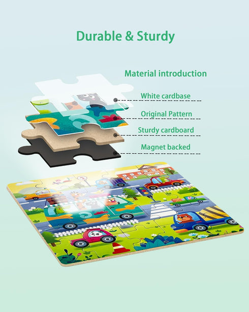 Magnetic Puzzles for Kids Ages 4-8, 3 in 1 Wooden Jigsaw Puzzles Book for Toddlers, Car Activities Toy for Girls 4-6, Learning Magnet Gift for Roa...