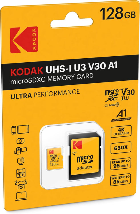 Kodak - 128GB Micro SD Card UHS-I U3 V30 A1 microSDHC/XC - Micro SD Memory Card - Read Speed 95MB/s Max - Write Speed 85MB/s - Additional Storage ...