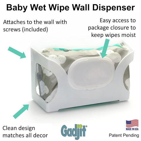 Gadjit Baby Wet Wipe Wall Mounted Dispenser | Holds Up to an 84 Count Pack of Wipes | Always Within Easy Reach of Messes (White)...