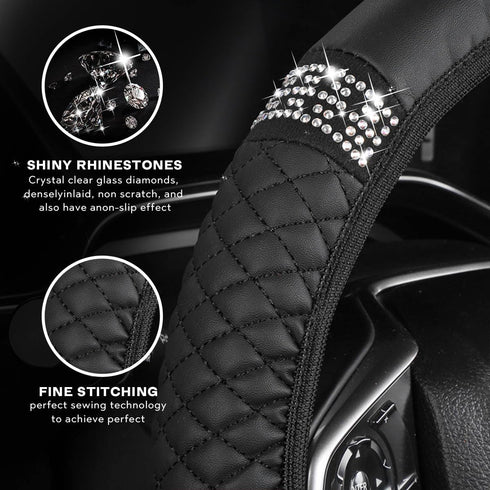 Bling Car Steering Wheel Cover, 15 Inch Rhinestones Soft Leather Elastic Steering Wheel Protector, PU Soft Leather with Crystal Diamond, Sparkly C...