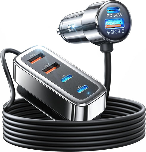 AINOPE Car USB Charger Multi Port, 108W Fast USB C Car Charger PD 36W & QC3.0 Cigarette Lighter Car Travel Essentials for Long Trips Kids with 5FT...