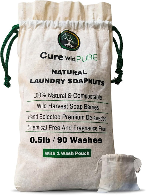 Cure wid Pure Organic Soap Nuts Deseeded 8oz/225g with 1 Wash Bag Approx 90 Loads Eco-friendly Soap Nuts Laundry Detergent,Chemical &Fragrance-fre...