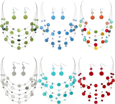 Multi Layered Shell Illusion Necklace Earring Set Colorful Chunky Beads Necklace for Women Gifts...