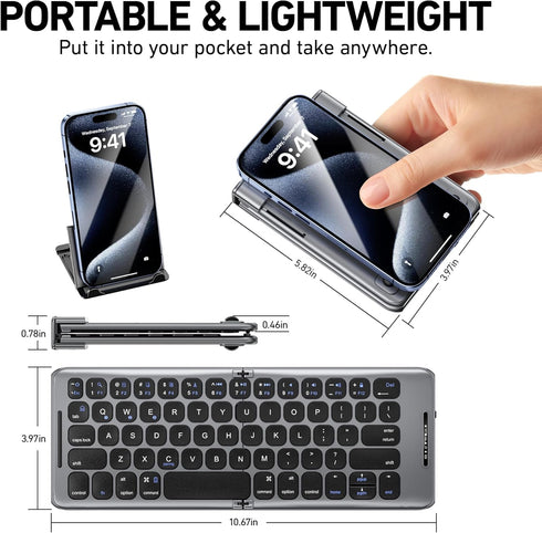 Foldable Bluetooth Keyboard with Stand Holder, Portable Wireless Phone Keyboard, Rechargeable Full Size Ultra Slim Travel Keyboard for iOS, Androi...