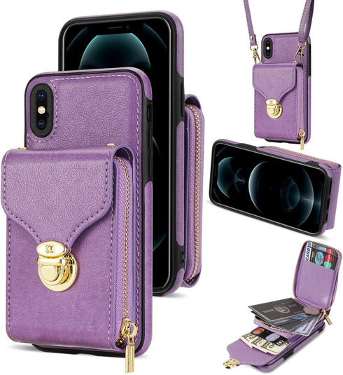 Compatible with iPhone Xs Max Wallet Case Crossbody Strap Leather Zipper Credit Card Holder Clasp Stand Cell Accessories Phone Cover for i X XR Xs...