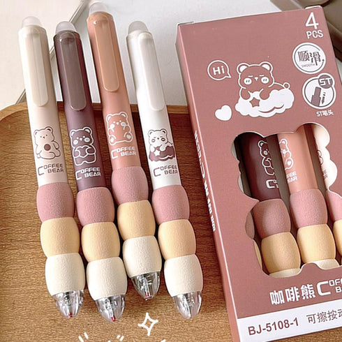 4 Pcs Erasable Gel Pens Cute Retractable Pens Cartoon Bear Pens 0.5mm Black Ink Pen Office School Pens Women Girls Boys Pens (Black Ink-Coffee Bea...