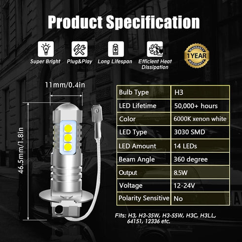 H3 LED Fog Light Bulbs 6000K Xenon White, Extremely Bright 3030 Chips H3 LED Bulbs with Projector for Car Fog Lights, Daytime Running Lights DRL(P...