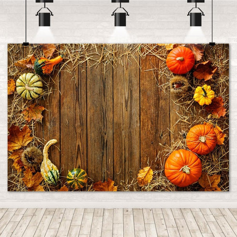 5x3ft Fall Thanksgiving Backdrops for Photography Pumpkins Dry Hay Leaves Rustic Brown Wood Board Festival Decoration Thanksgiving Photography Bac...