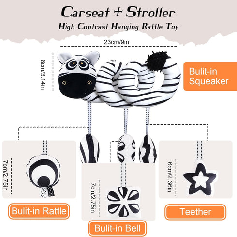 vocheer High Contrast Baby Toys for Newborn, Black and White Hanging Toy Car seat Crib Move, Animal Circle Plush Stroller Toy, Squeak Travel Activ...