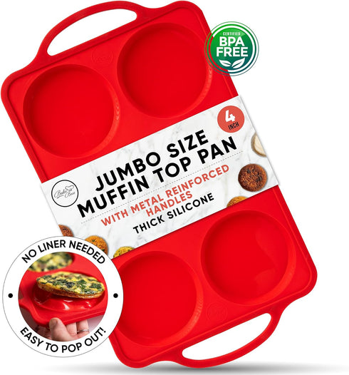 Silicone Muffin Top Pans for Baking - 4 Inch Jumbo Size Egg Baking Pan - Silicone Whoopie Pie Baking Pans - RED...