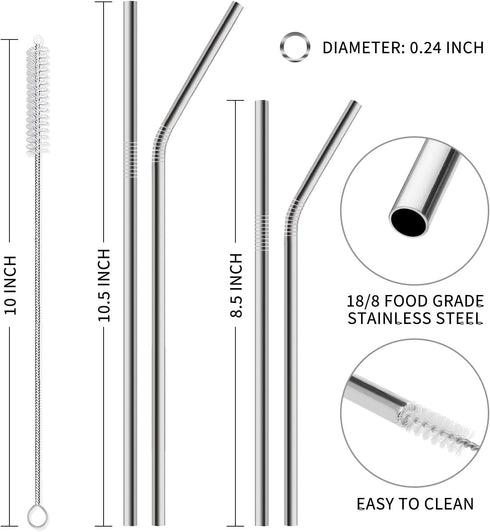 Hiware 12-Pack Reusable Stainless Steel Metal Straws with Case - Long Drinking Straws for 30 oz and 20 oz Tumblers Dishwasher Safe - 2 Cleaning Br...