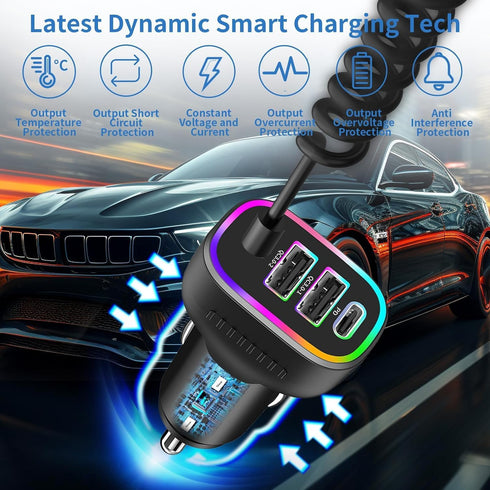 iPhone USB C 140W Super Fast Car Charger, Arparnar 4 Port PD&QC3.0 USB C Car Charger Compact Fast Car Charger with 5ft 60W Type C Coiled Cable for...