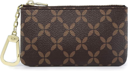 Luxury Zip Key Chain Pouch | Mini Coin Purse Wallet Card Holder with Clasp | for Men Women - Coated Canvas (Brown)...