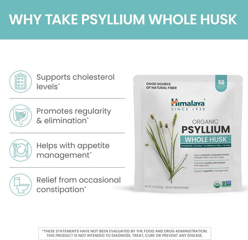 Himalaya Organic Psyllium Whole Husk, Natural Daily Fiber Supplement, Regularity, Appetite Management, USDA Certified Organic, Non-GMO, 56-Tablesp...
