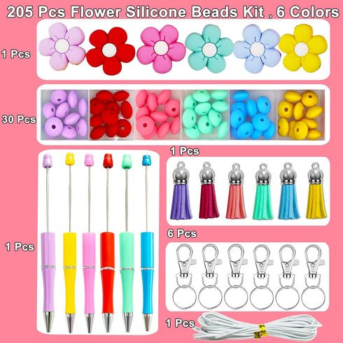 Silicone Beads, 205 Pcs Silicone Beads Bulk Kit 12mm Silicone Beads for Keychain Making, Silicone Beads for Pen Making with 6 Pcs Flower Silicone ...