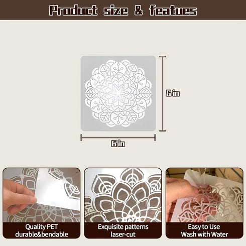 Mandala Stencils for Painting on Wood, 9Pcs 6 Inch Plastic Reusable Stencils for Crafts, Rangoli Stencils for DIY Projects, Painting & Home Decora...