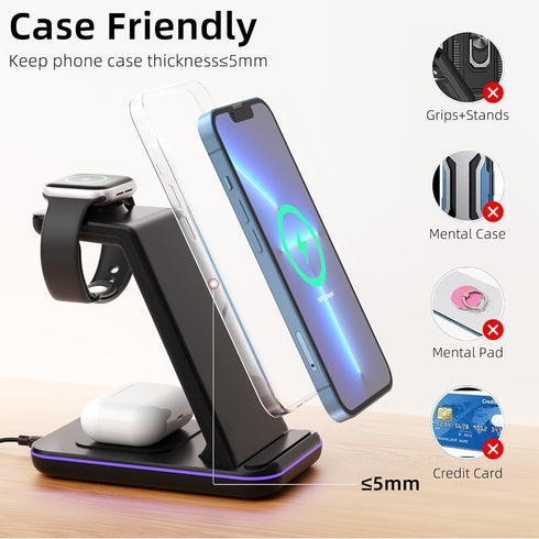 Wireless Charging Station, 3 in 1 Fast Wireless Charger for iPhone 15/14/13/12/11 Series/SE/XS/XS Max/XR/X/8/8 Plus, Charging Stand for Apple Watc...
