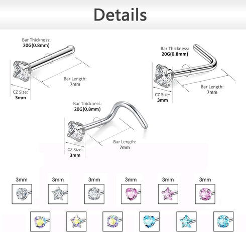 ZS 9-12PCS 20g Surgical Stainless Steel Nose Stud Ring Piercing Nose Bone/L Shaped/Nose Screws Rings Set...