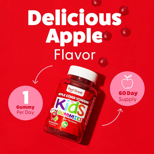 Feel Great Apple Cider Vinegar Gummies for Kids | Rich in Digestive Enzymes & Natural Antioxidants for Gut Health | Vegan Gummy Supports Healthy N...