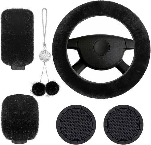 6 Pieces Set Fluffy Steering Wheel Cover Set, Soft Fuzz Handbrake Cover Gear Shift Cover, Cup Pad, Rearview Mirror Decorative Chain, Universal Car...
